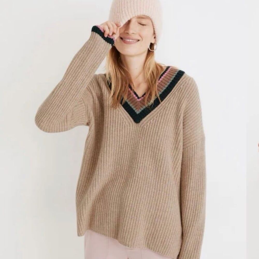 Madewell Tipped Forest V-Neck Sweater Merino Wool Blend NWT
